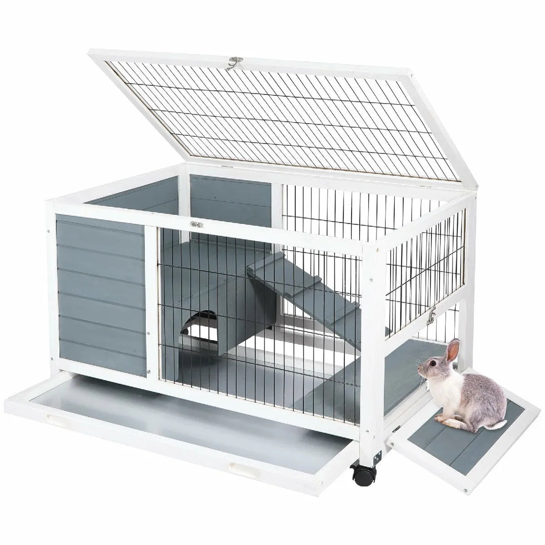 Wooden Rabbit Hutch with Wheels and Openable Roof - Redcamp