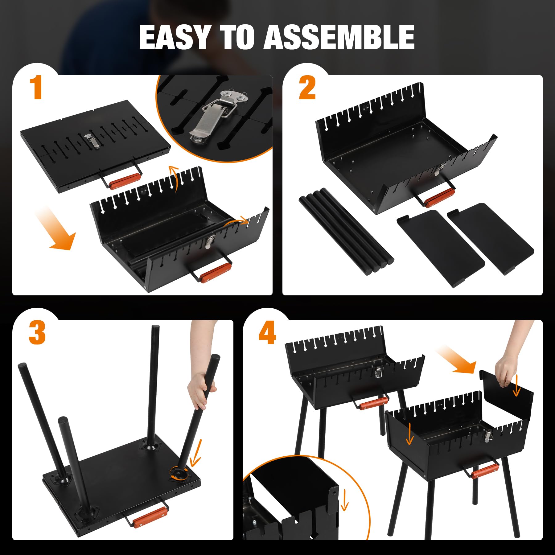 REDCAMP portable charcoal grill with skewers illustrated grill assembly steps