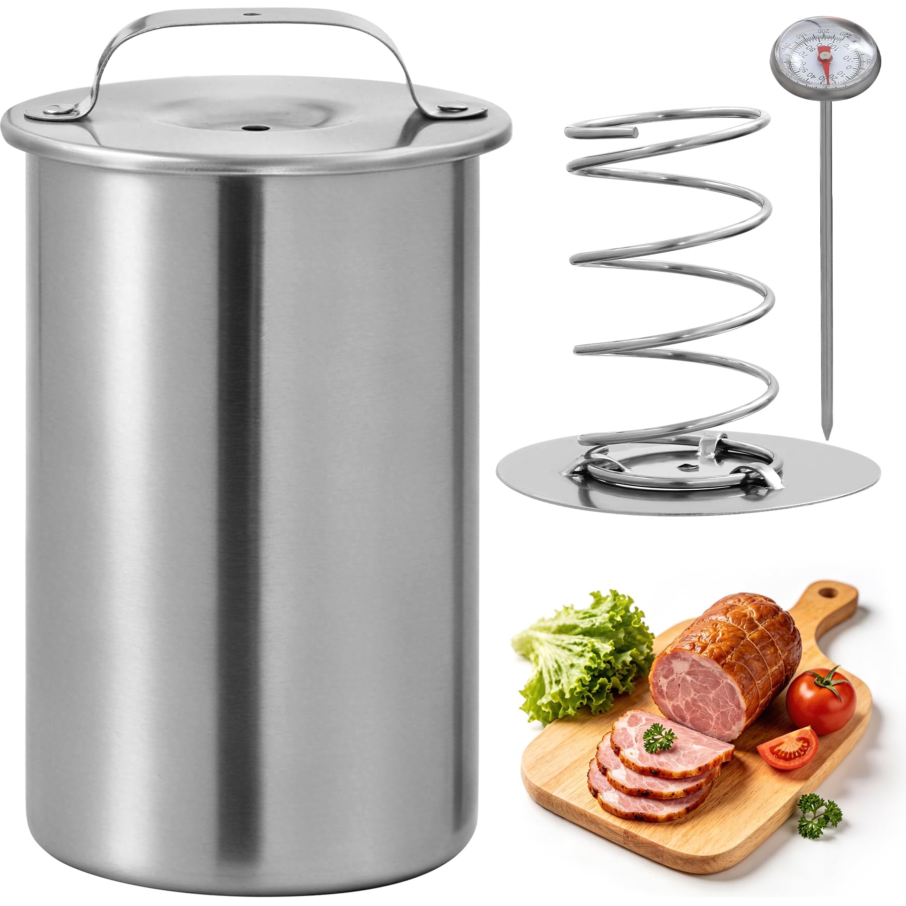 REDCAMP stainless steel deli meat press with lid, spring press and thermometer