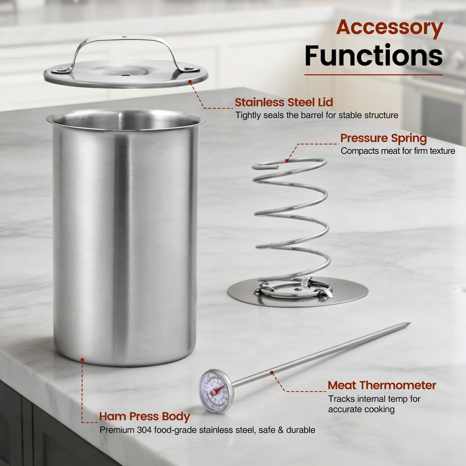 REDCAMP deli meat press body, lid, pressure spring and meat thermometer