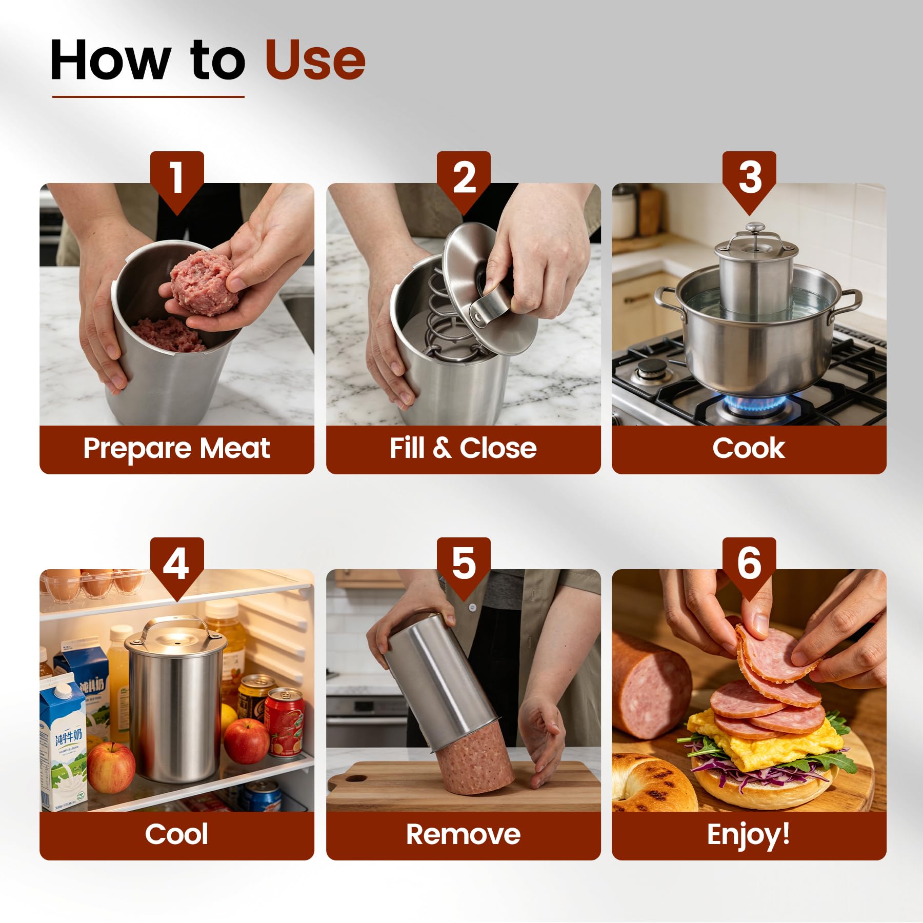 Six illustrated steps for using a REDCAMP stainless steel deli meat press