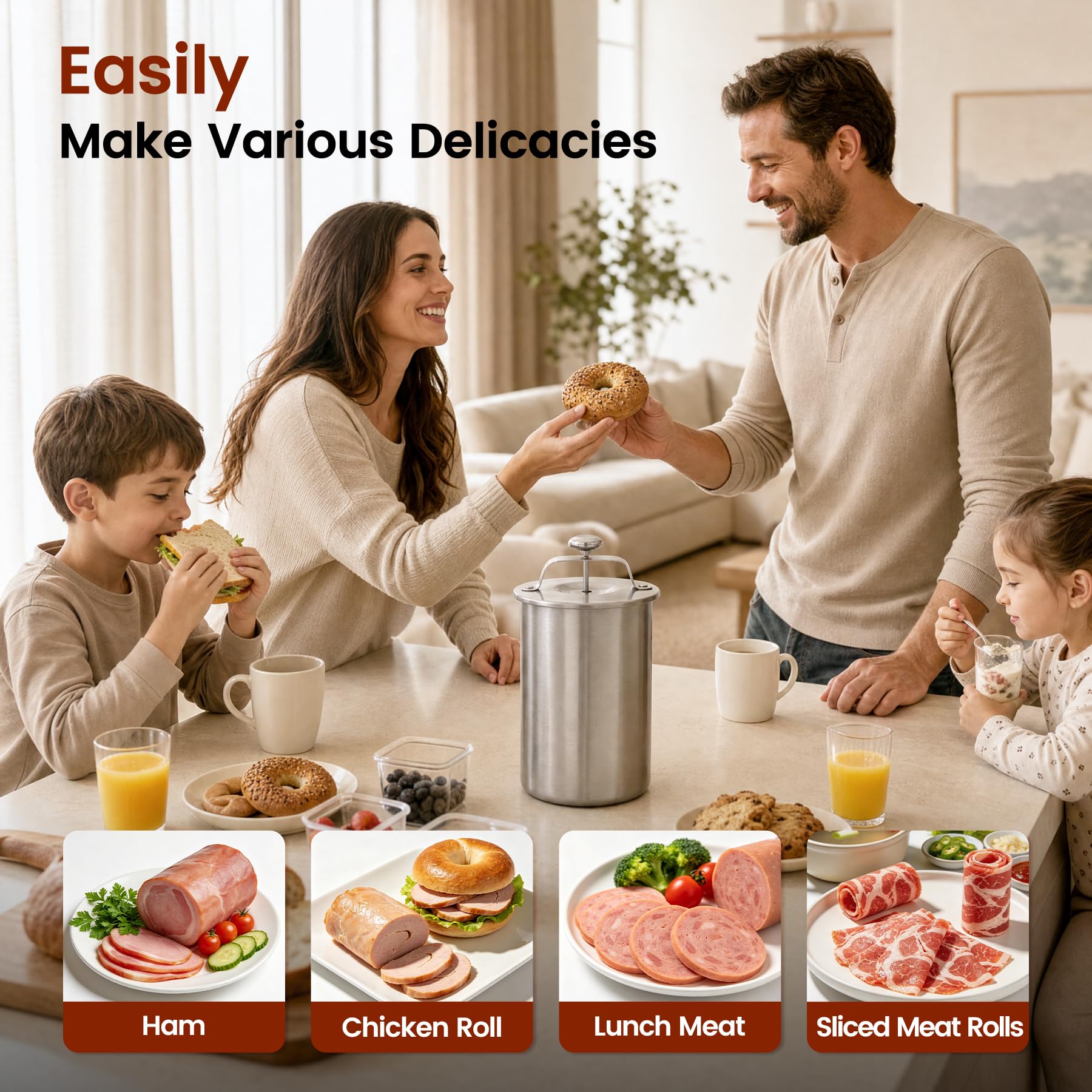Family meal scene with REDCAMP deli meat press and deli meat options