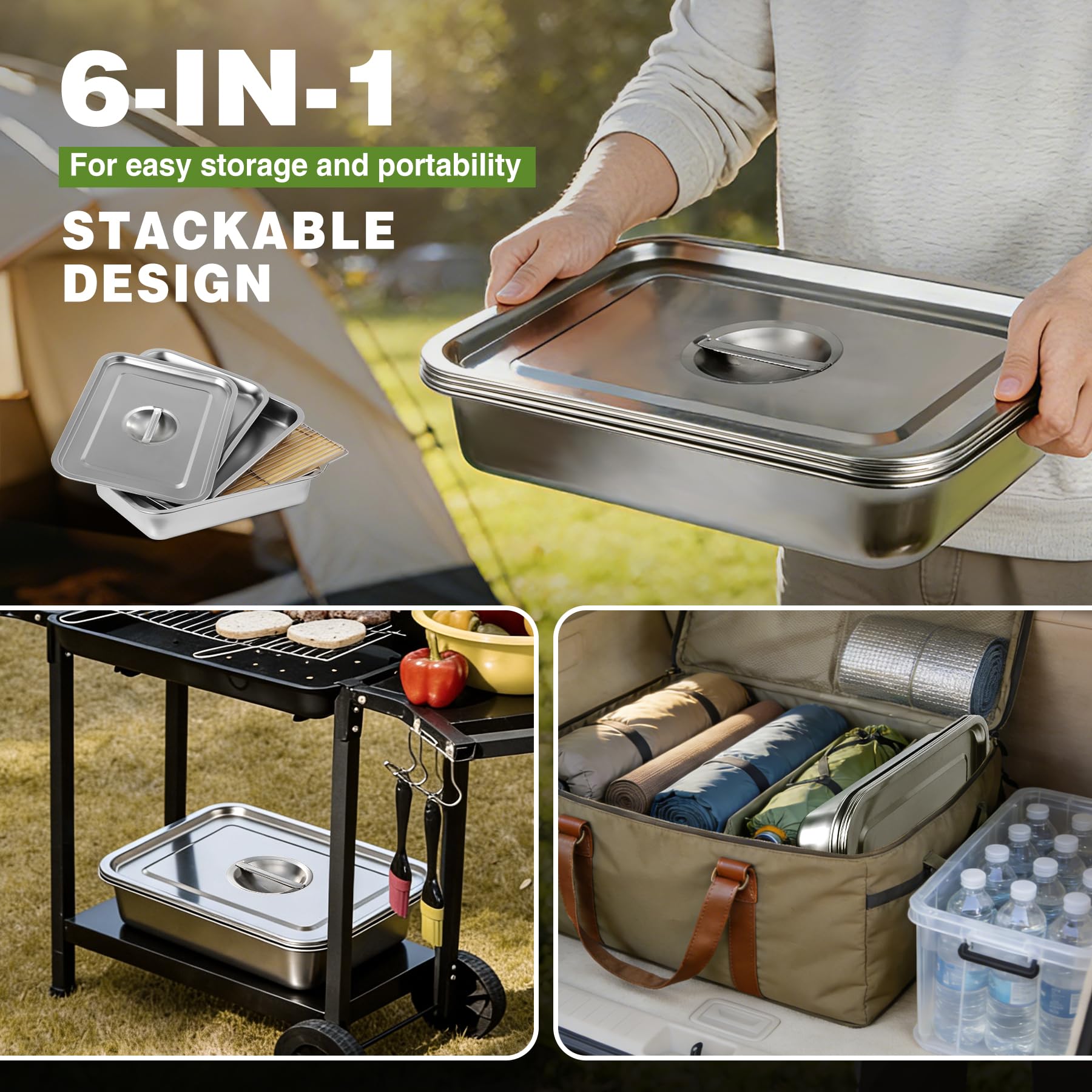 REDCAMP stainless steel grill prep set stackable tray and lid arrangement