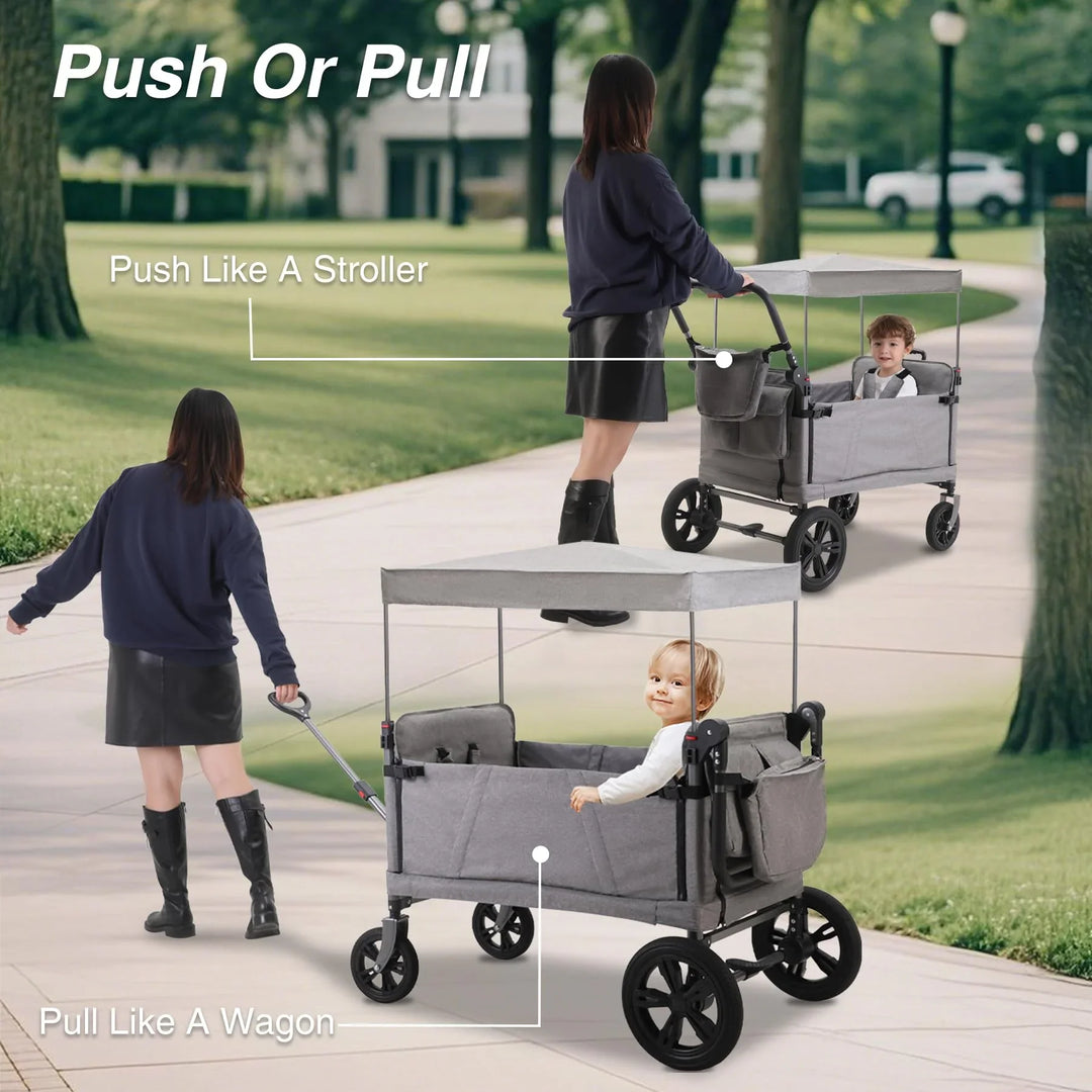 Stroller Wagon for 2 Kids ，Foldable Push Pull Wagon with Canopy