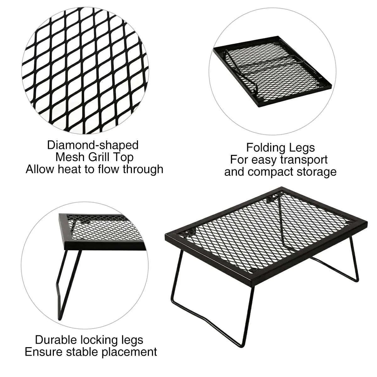 Portable Heavy Duty Folding Steel Campfire Grill Grate for Outdoor Cooking, Black - Redcamp