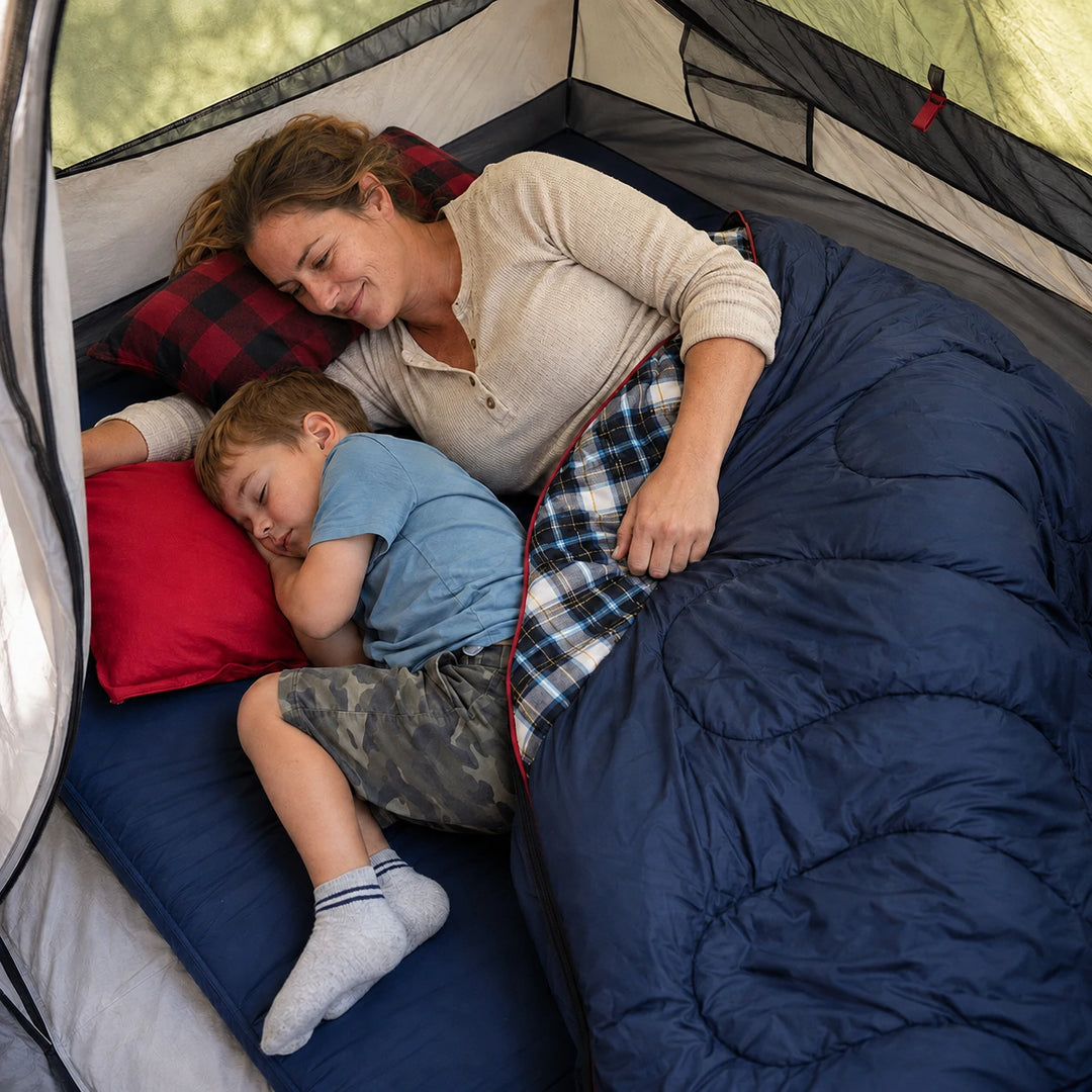 Sac de couchage de camping pour adulte avec doublure en flanelle de coton, rouge et bleu 