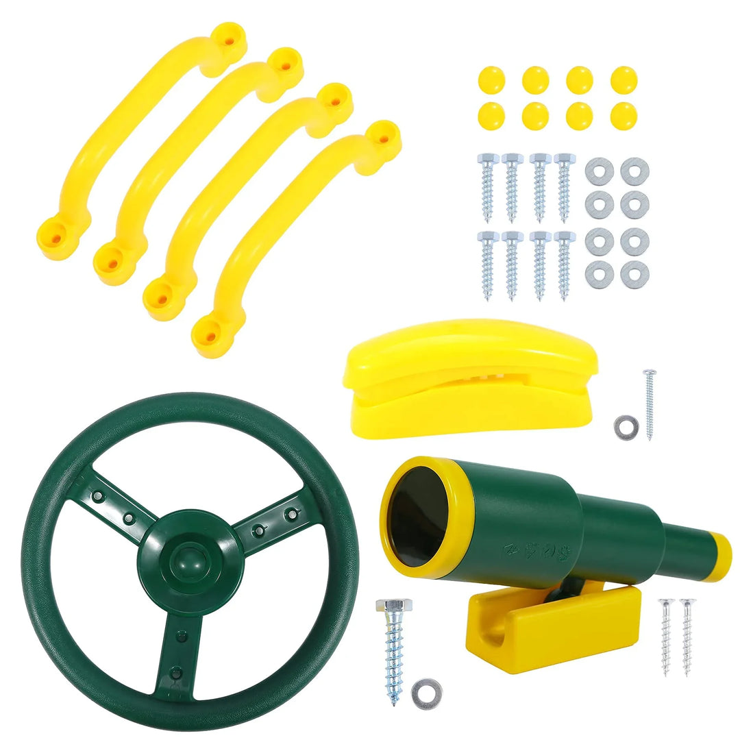 Playground Accessories for Kids, Outdoor Swingset Attachments with Pirate Ship Wheel, Toy Telescope, Telephone and Safety Handles (Yellow and Green)