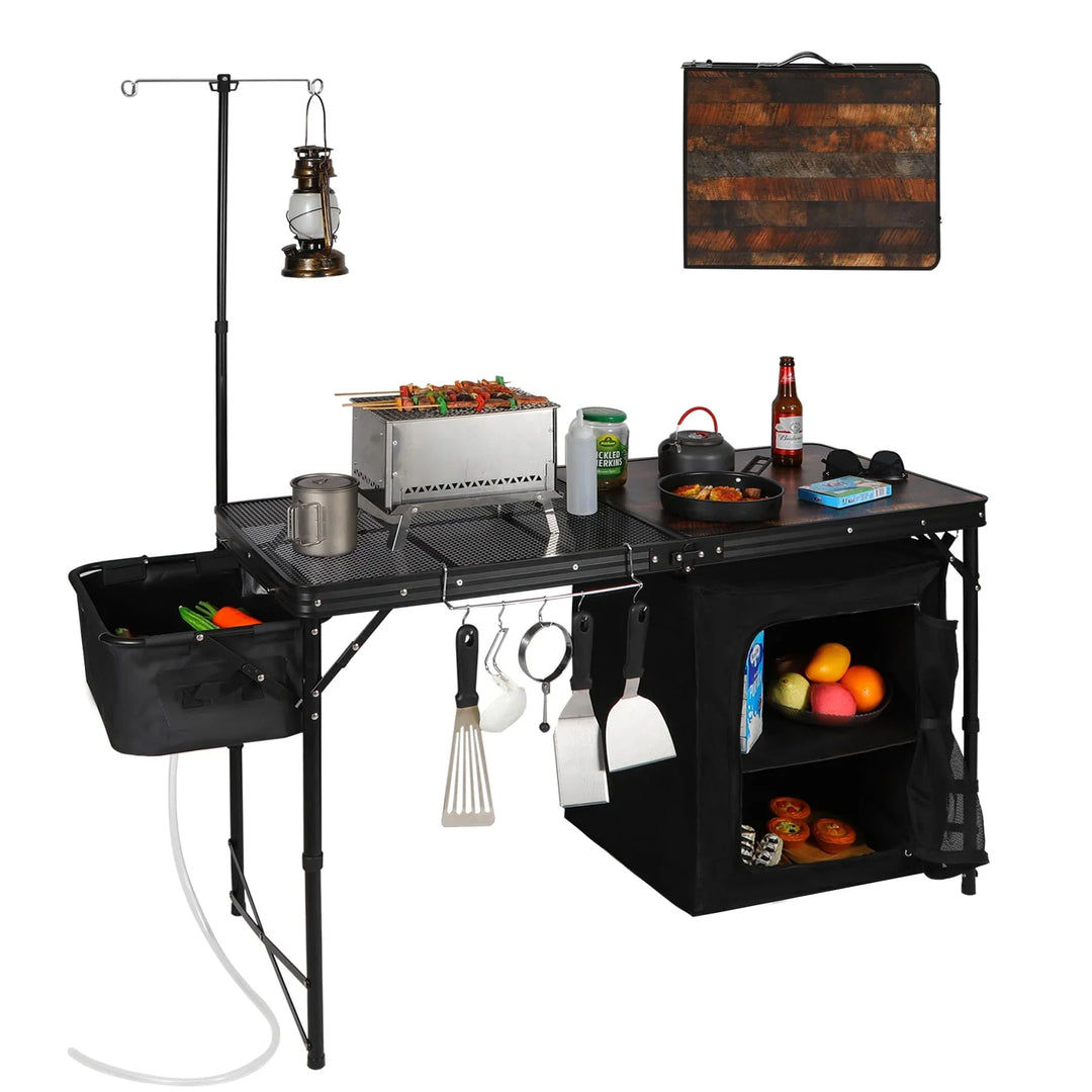 Table de cuisine de camping portable avec organiseur de rangement pour l'extérieur