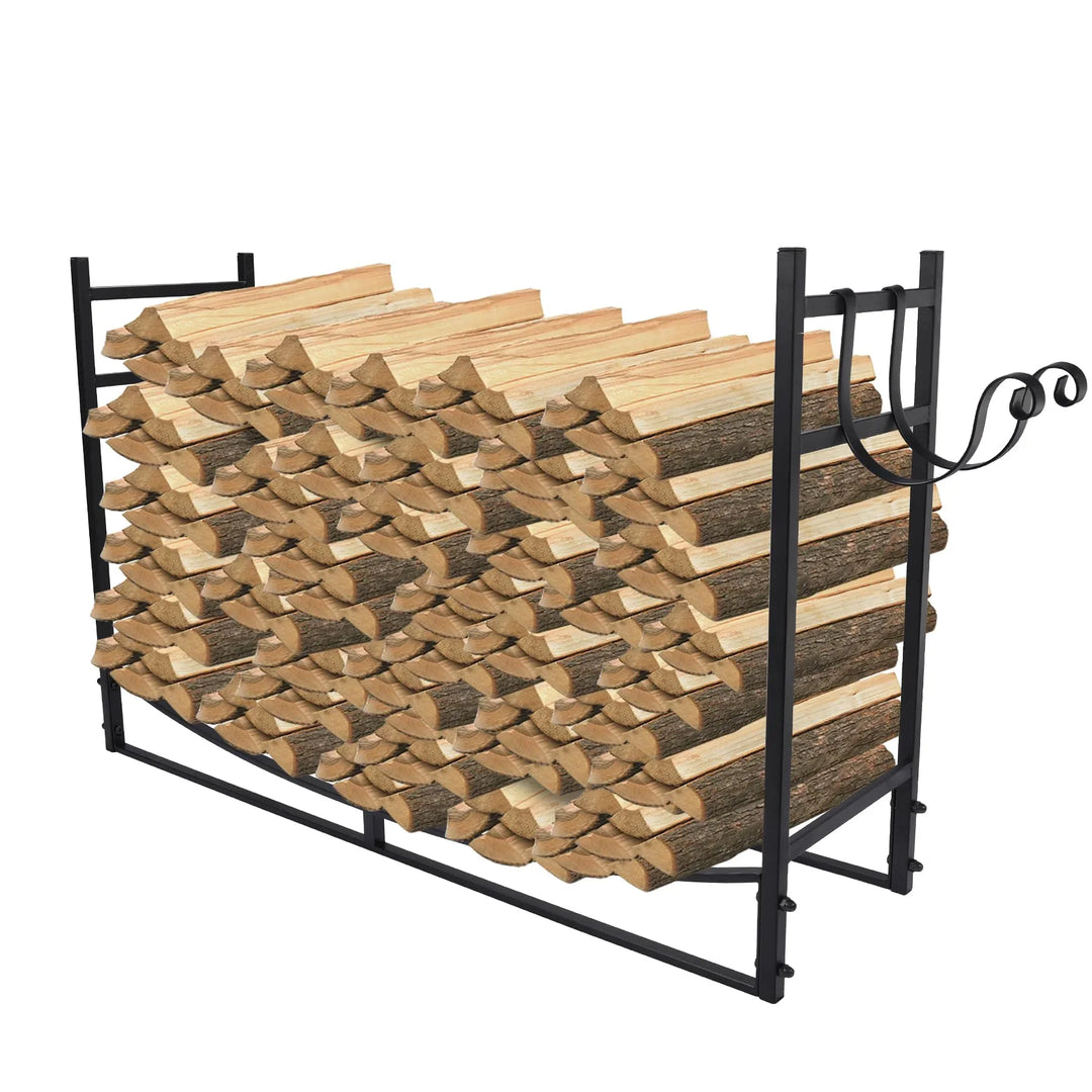 4FT Heavy Duty Firewood Rack Outdoor Indoor, Steel Log Holder Wood Storage Stand with Kindling Hooks for Fireplace Fire Pit Porch Backyard Black