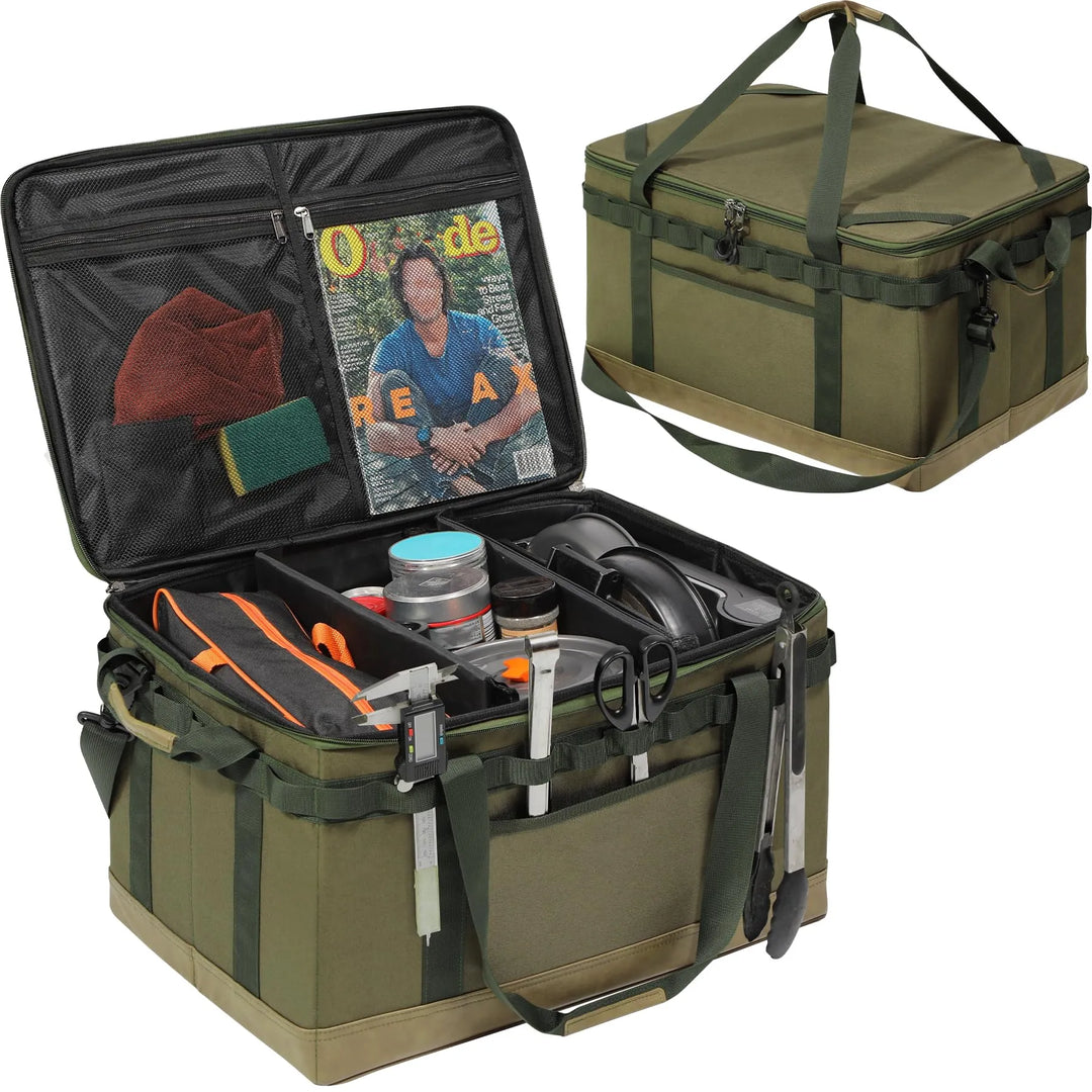 Tactical Camping Storage Bag, 57L Tactical Utility Camping Tote Organizer,Waterproof Camping Storage Organizer Duffel Bag with 2 Adjustable Dividers&Shoulder Strap for Outdoor Transport,Green