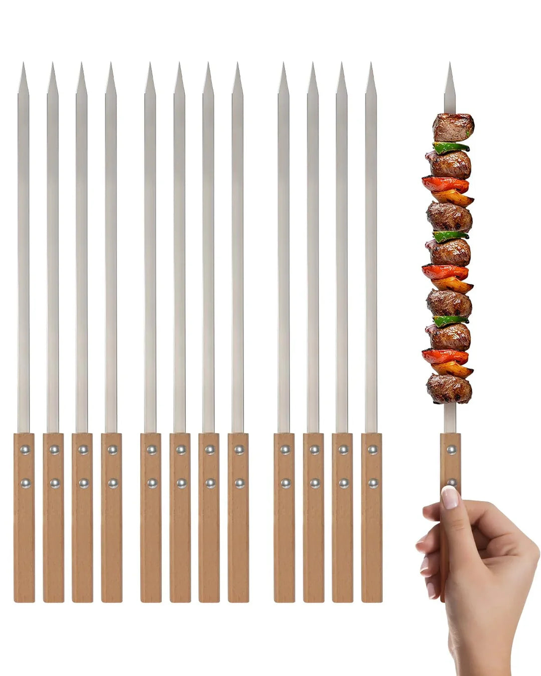 17" Premium Flat Stainless Steel BBQ Skewers with Wooden Handles