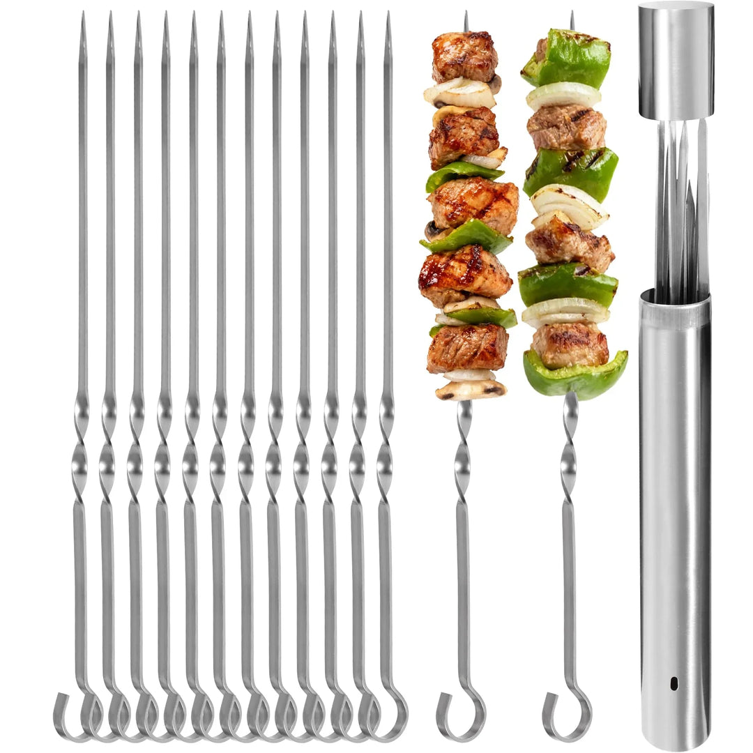 14" Flat Stainless Steel Kabob Skewers with Storage Tube