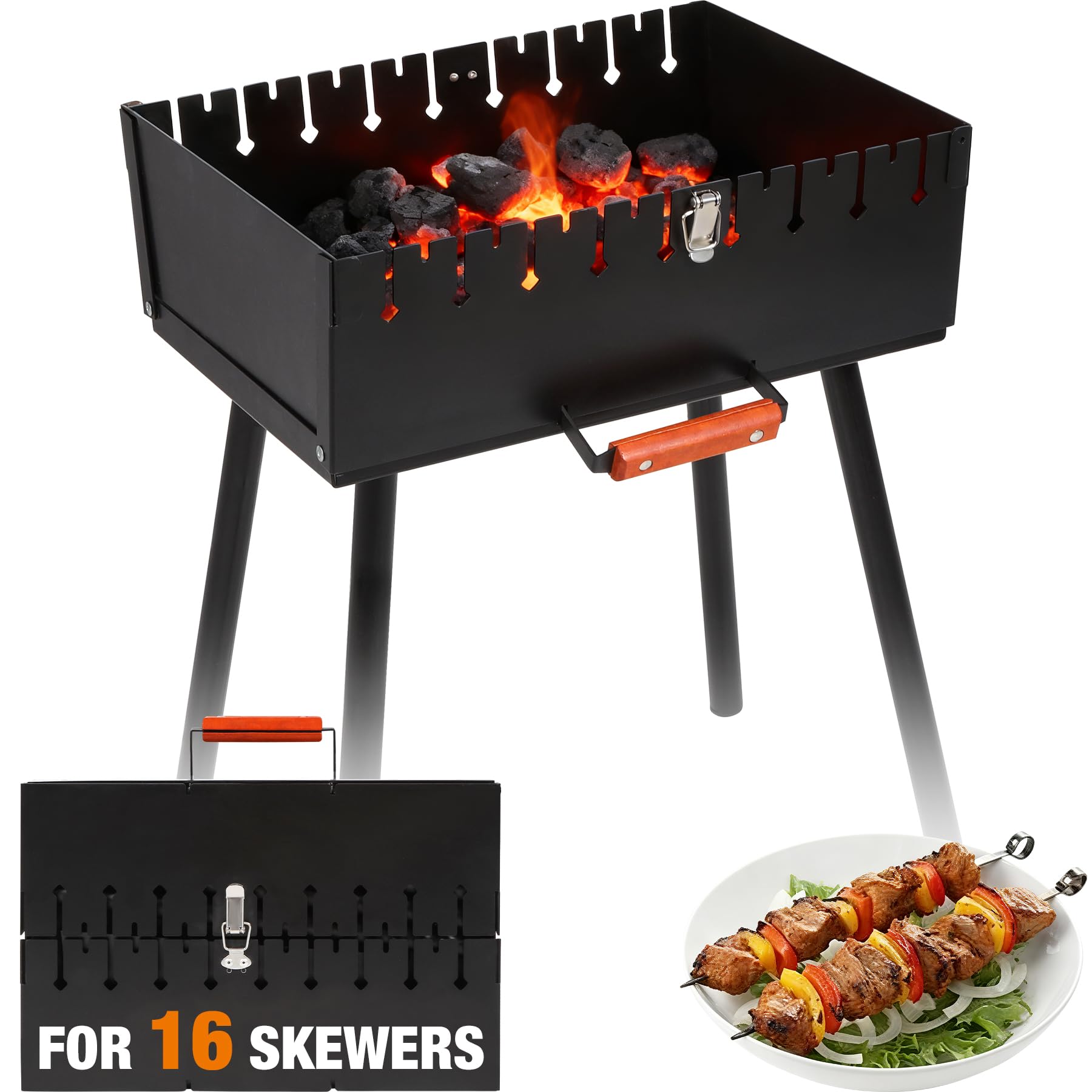REDCAMP portable charcoal grill with folding legs, carry handle and skewer slots