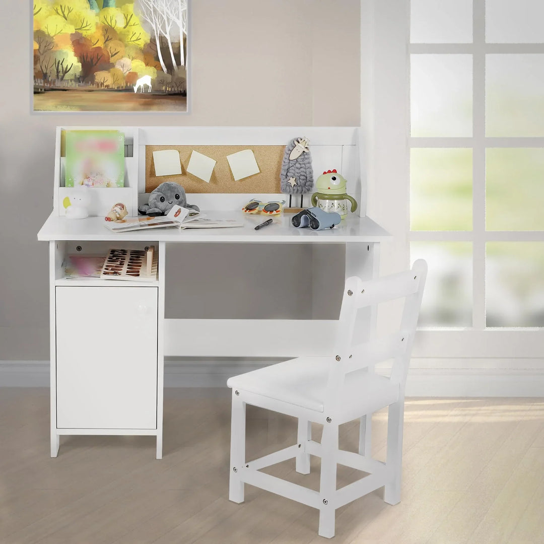 Kids Study Desk and Chair Set with Hutch, Wooden Writing Table, Ergonomic Homework Station with Storage Cabinet & Bulletin Board for Bedroom, School, White