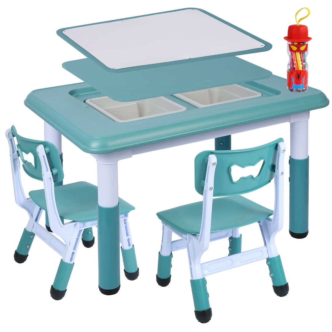 Kids Table and 2 Chairs Set, Height Adjustable 3 in 1 Multi Activity Table with 2 Chairs, Storage Bins,Graffiti,Double-Sided Tabletop,Sky Blue
