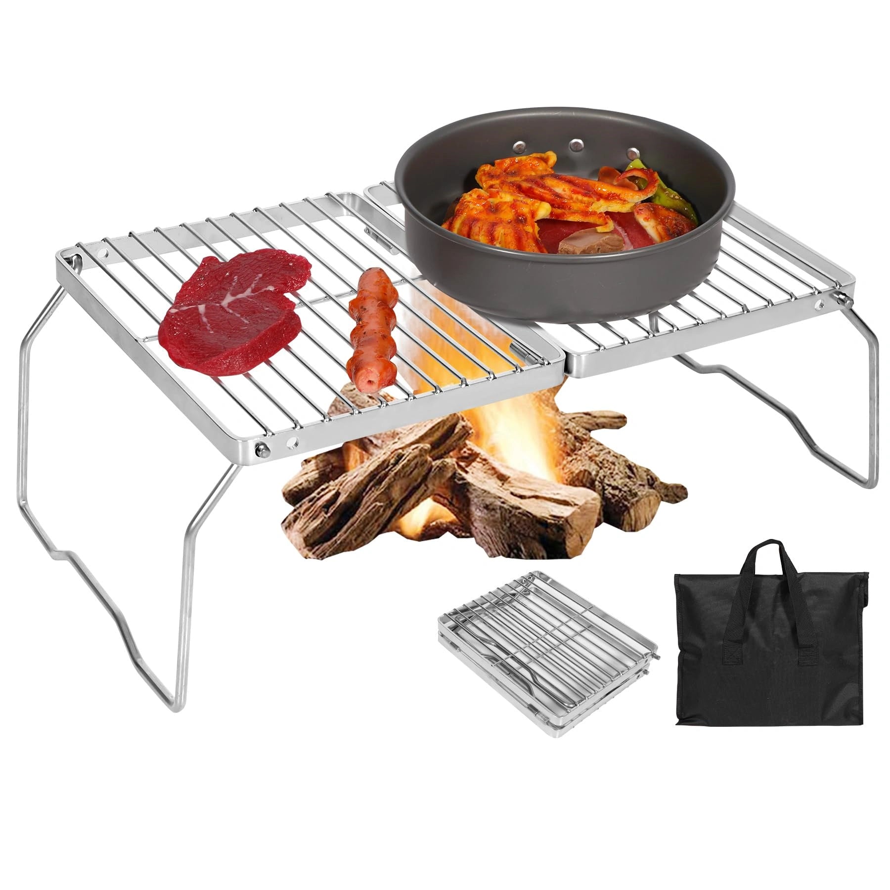 Barbecue de camp pliable et portable en acier inoxydable 304 avec sac de transport