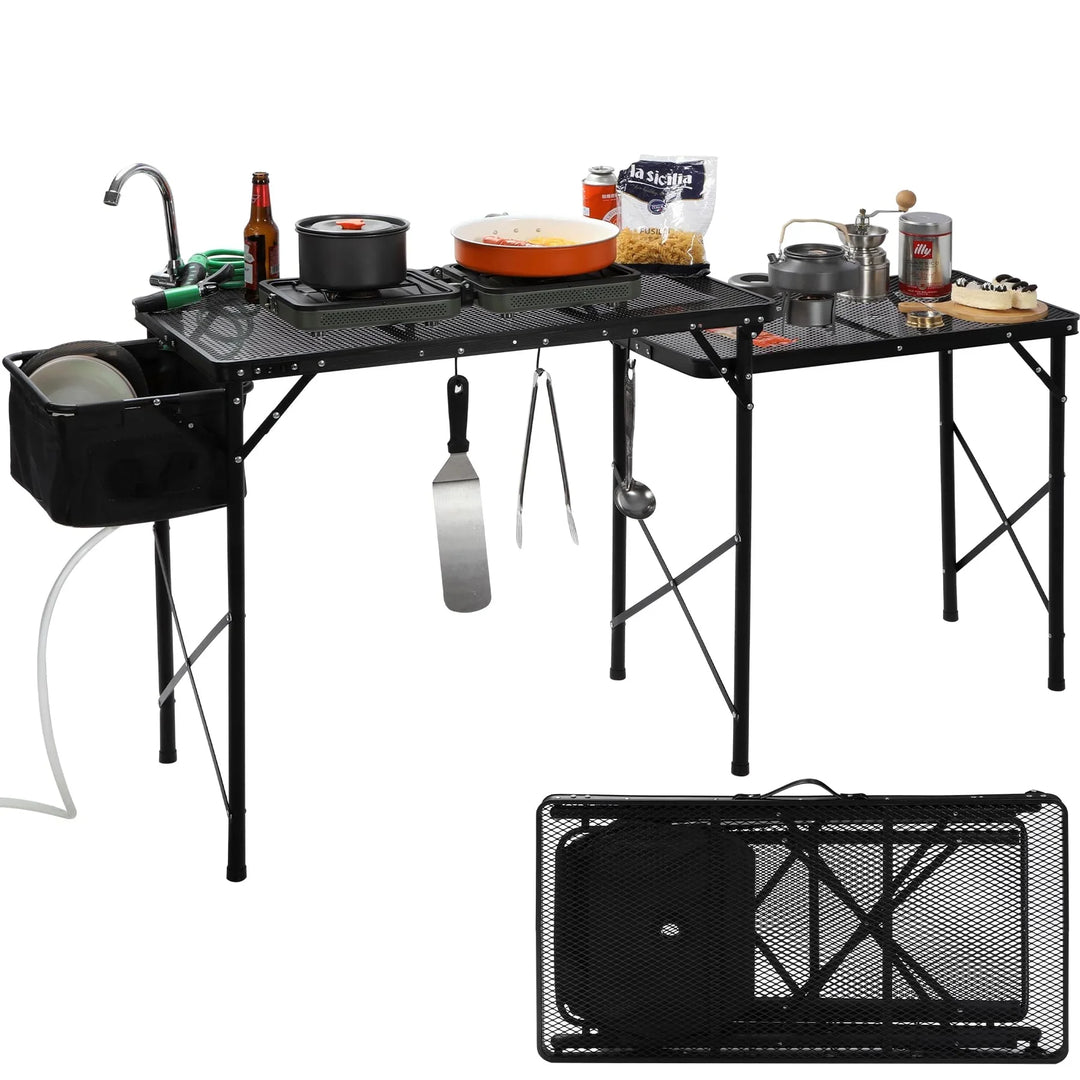 Table de cuisine de camping portable avec organiseur de rangement pour l'extérieur