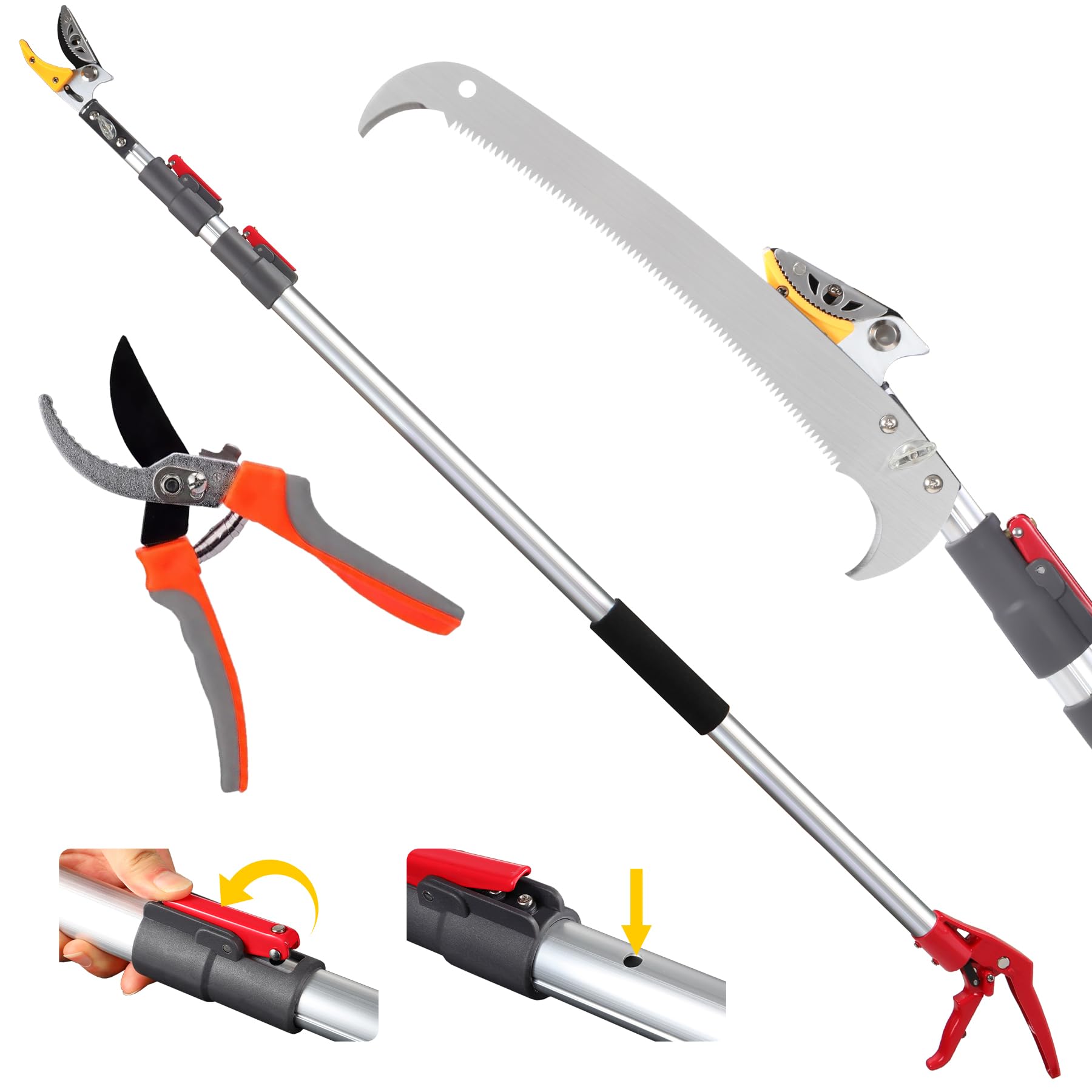 REDCAMP telescoping pole saw with pruning head, 16.4-inch saw blade, and hand pruning shears