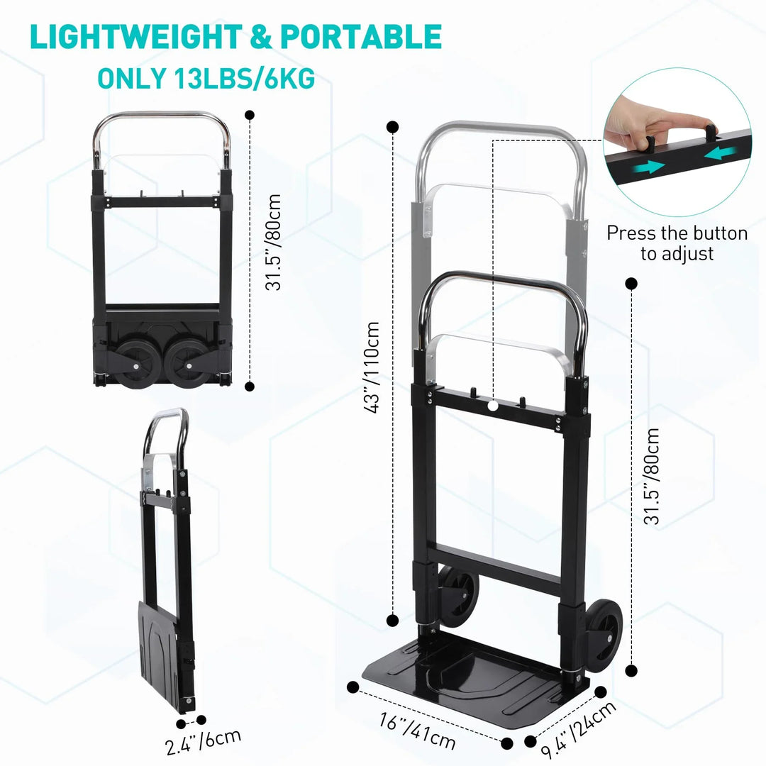 Folding Aluminum Hand Truck, 180 lbs Load Capacity, Aluminum Alloy Plate Luggage Cart Foldable Height Adjustable Hand Cart with 2 Wheels, Ultra Lightweight Super Strong for Moving Warehouse