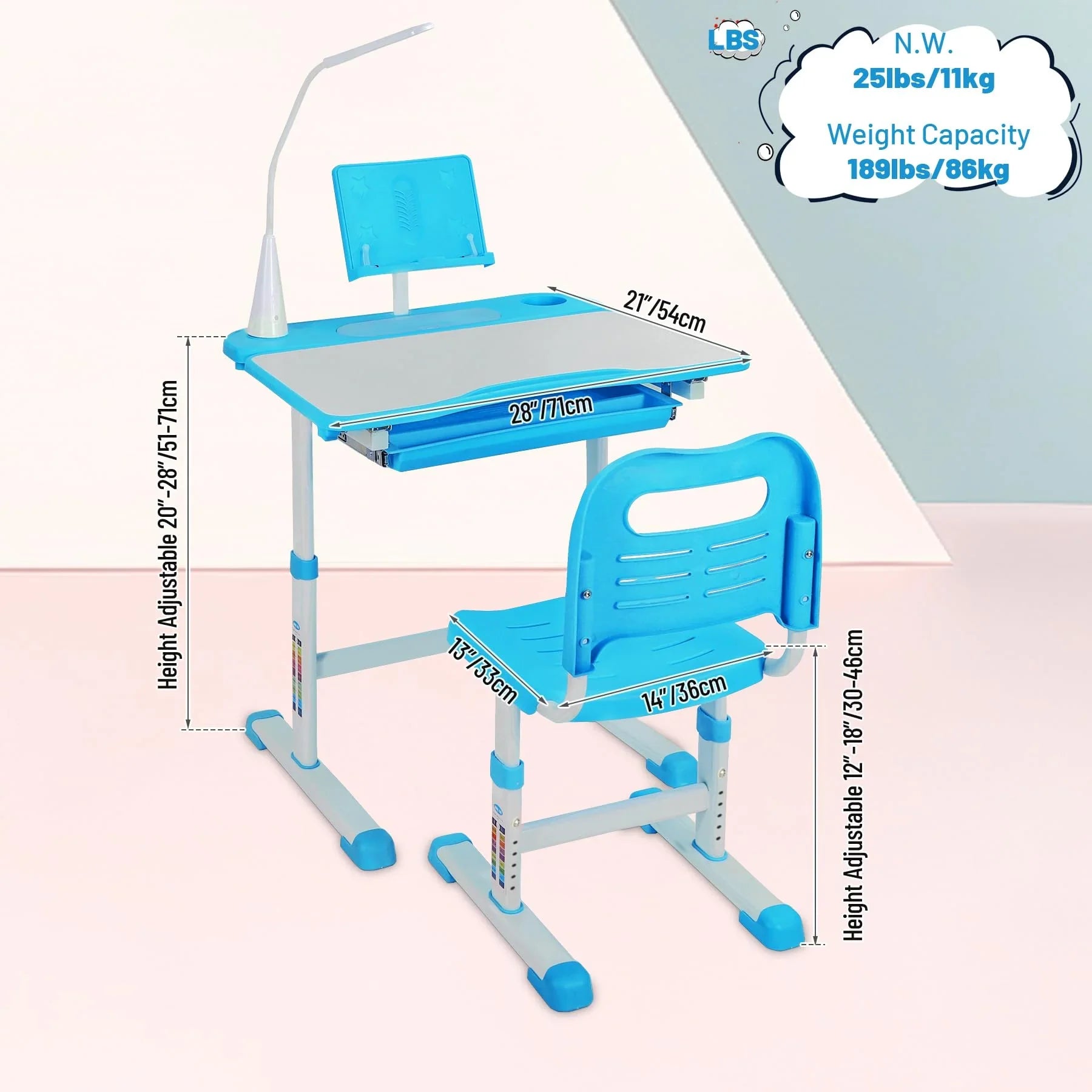 Ensemble bureau et chaise d'étudiant réglables REDCAMP avec plateau inclinable pour dessin