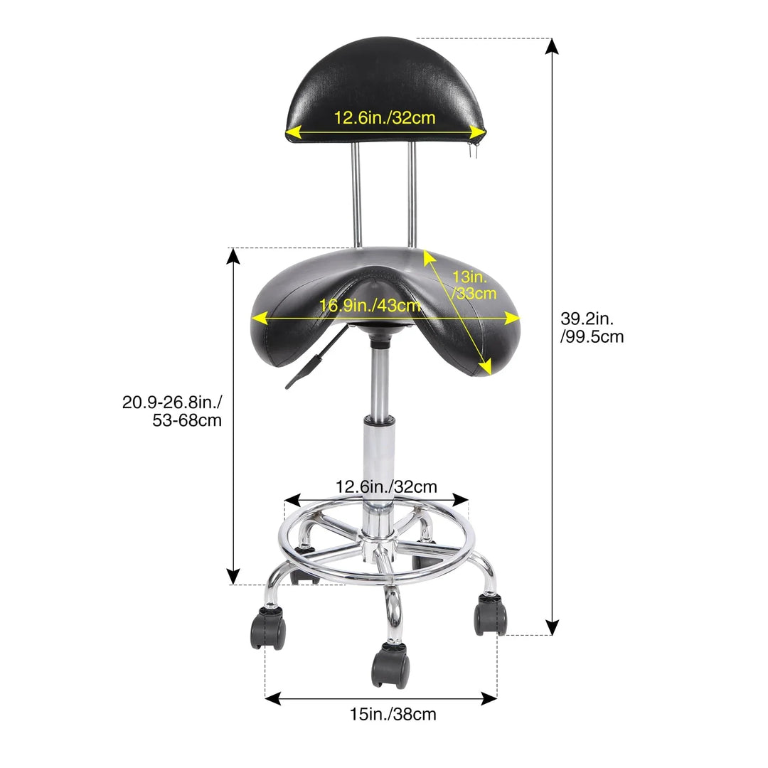 Saddle Chair with Back Support, 360° Swivel Adjustable Height Ergonomic Saddle Stool with Wheels for Tattoo Artist Dentist Home Office Use, Black