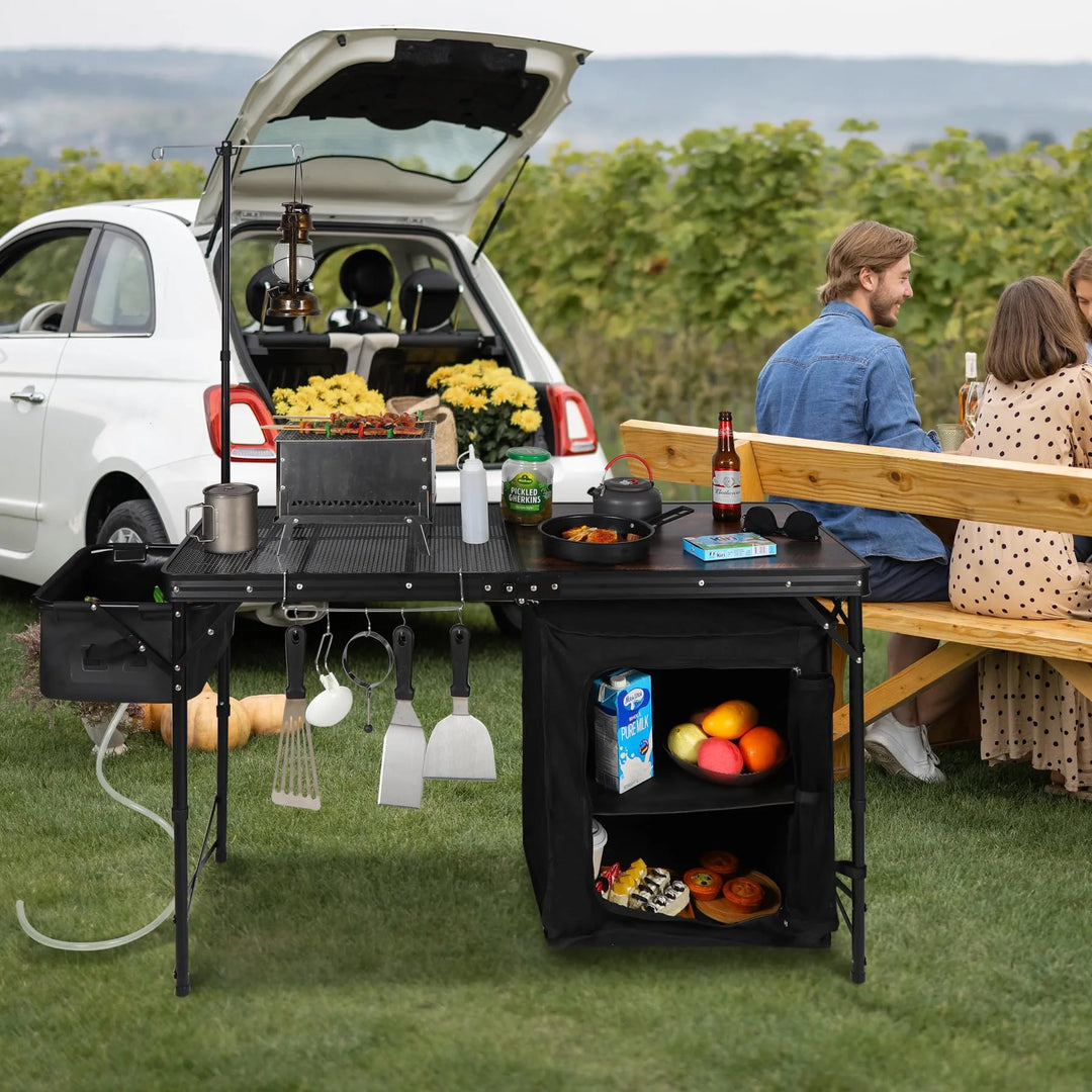 Table de cuisine de camping portable avec organiseur de rangement pour l'extérieur