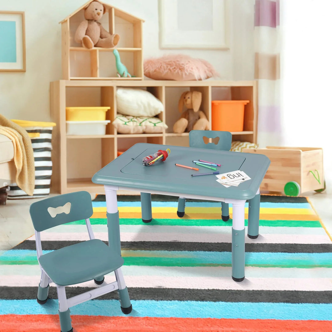 Kids Table and 2 Chairs Set, Height Adjustable 3 in 1 Multi Activity Table with 2 Chairs, Storage Bins,Graffiti,Double-Sided Tabletop,Sky Blue