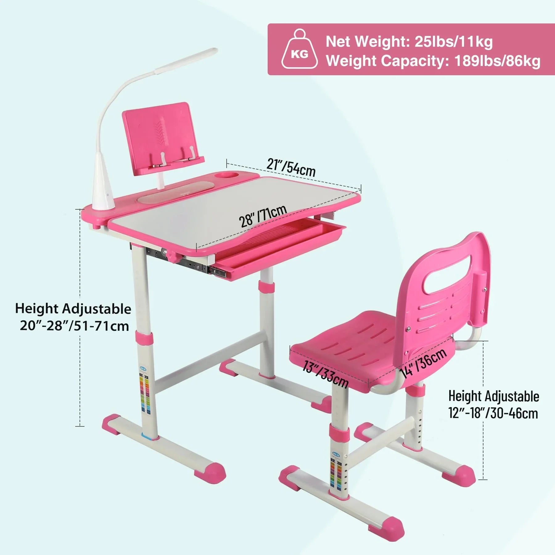 Ensemble bureau et chaise d'étudiant réglables REDCAMP avec plateau inclinable pour dessin