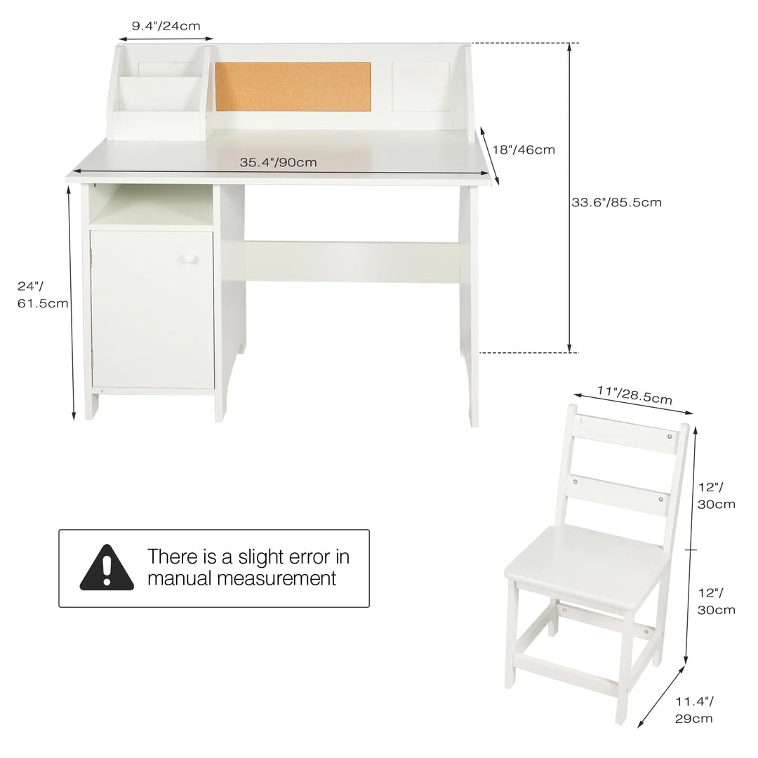 Kids Study Desk and Chair Set with Hutch, Wooden Writing Table, Ergonomic Homework Station with Storage Cabinet & Bulletin Board for Bedroom, School, White