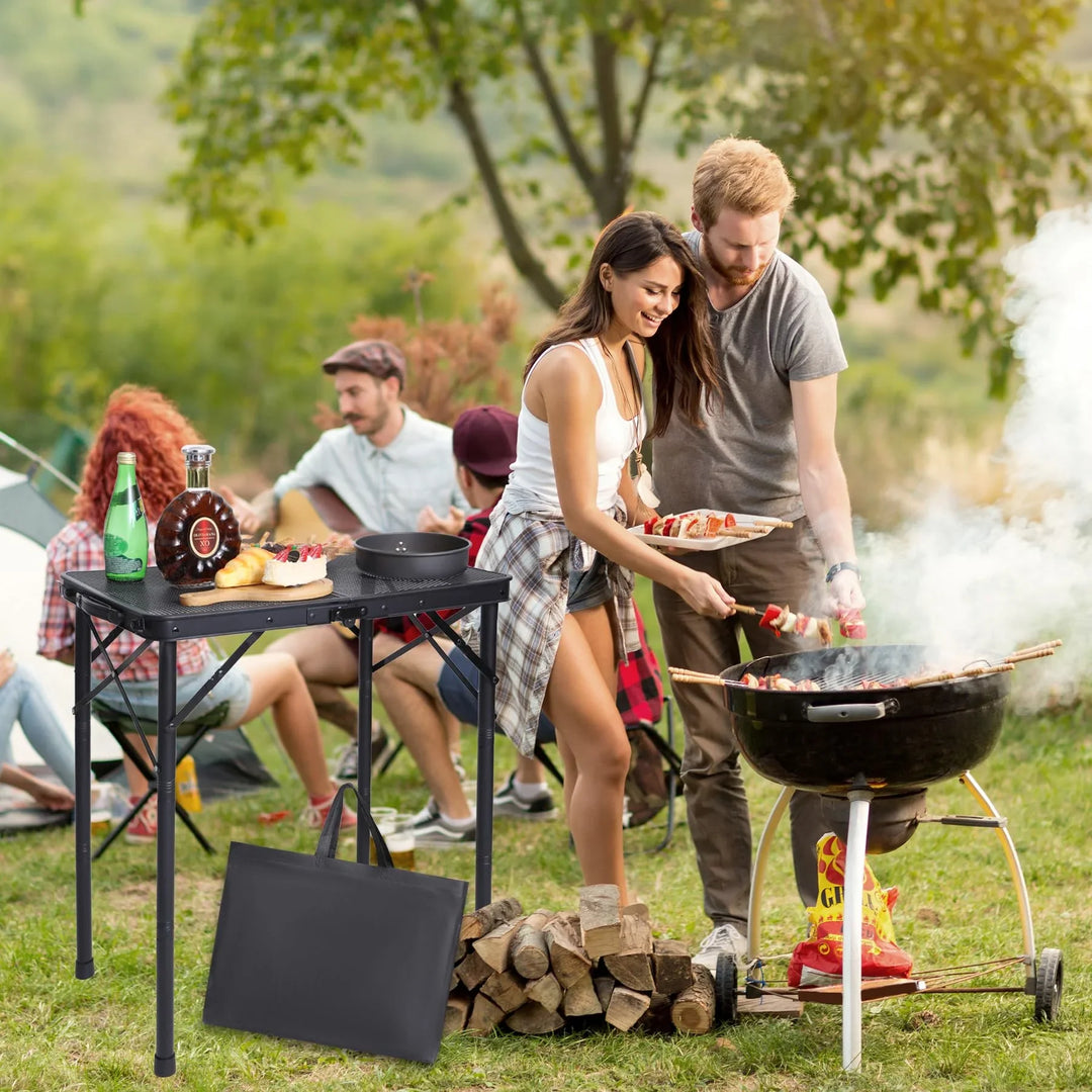 2 Feet Small Folding Grill Table for Outside, 3 Heights Adjustable Portable Metal Outdoor Picnic Table for Camping Travel Cooking BBQ, Black, 24" Lx 16" Wx 27.5" H