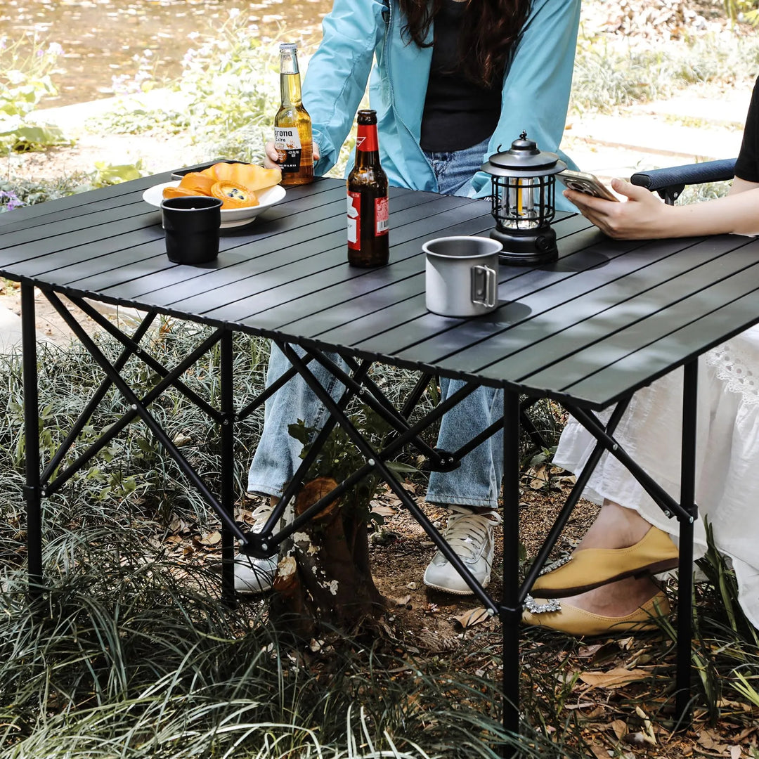 Roll Up Camping Tables That Fold Up, Lightweight Portable Compact Metal Camp Table for Grill Outdoor Picnic, Black Long 47x28