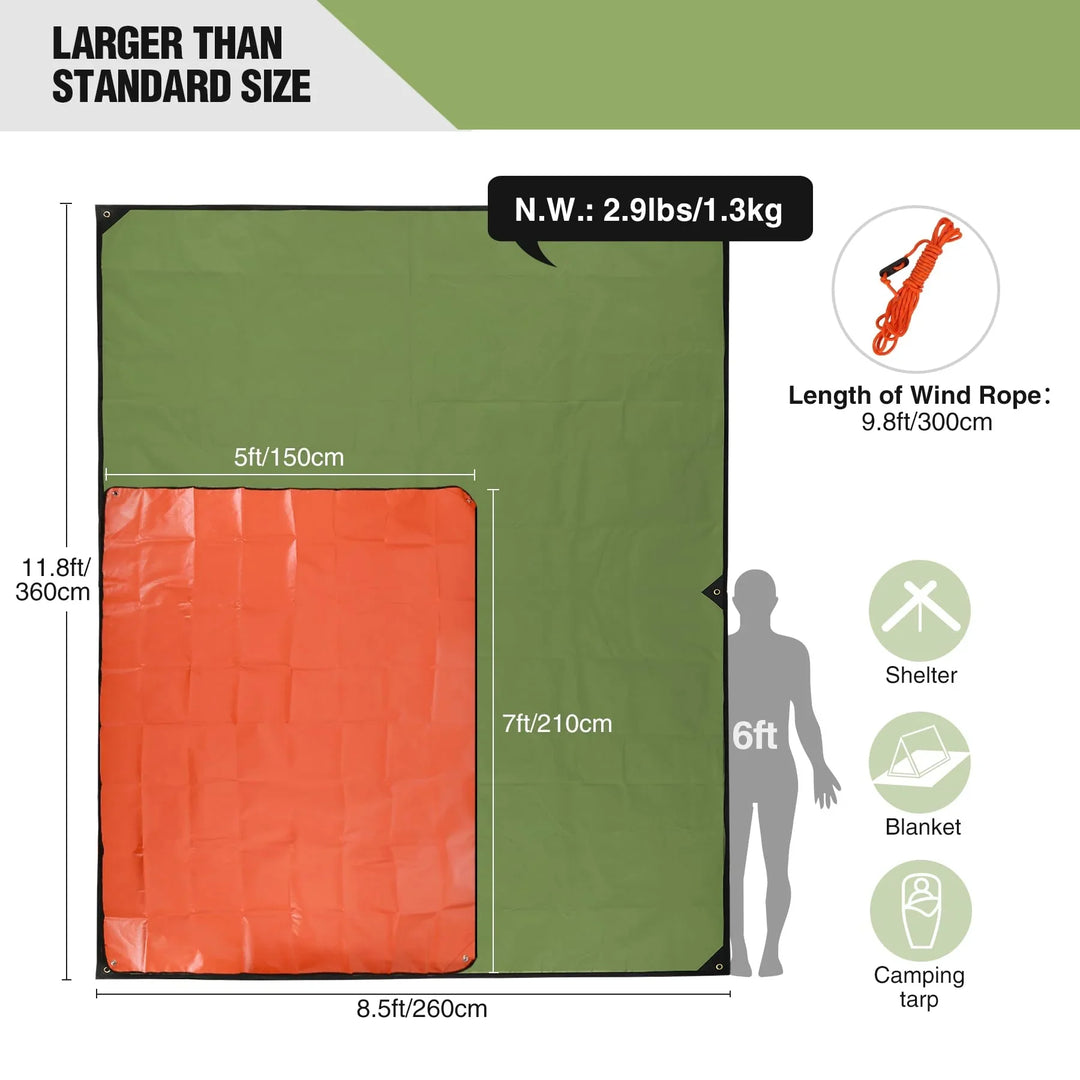 Heavy Duty Survival Blanket, Waterproof Emergency Thermal Tarp, Multipurpose Reflective Insulated All Weather Blankets for Camping Hiking, Green,11.8 x 8.5 ft