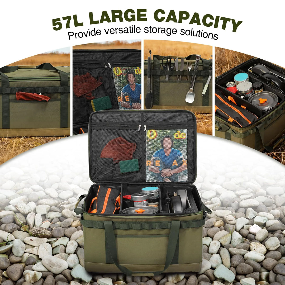 Tactical Camping Storage Bag, 57L Tactical Utility Camping Tote Organizer,Waterproof Camping Storage Organizer Duffel Bag with 2 Adjustable Dividers&Shoulder Strap for Outdoor Transport,Green