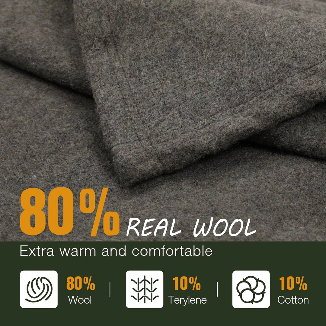 Wool Blanket, Warm and Thick Wool Camping Blanket- Great for Outdoors, Camping, Stadium Blanket, Picnics, Travel and Car, Machine Washable 86"x 63" Grey