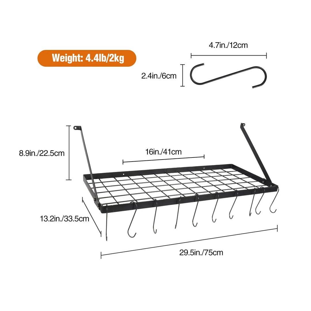29” Wall Mounted Pot Rack Storage Shelf with 10 Hooks,Kitchen Pots and Pans Hanging Rack Holder for Utensils Cookware Household,Black