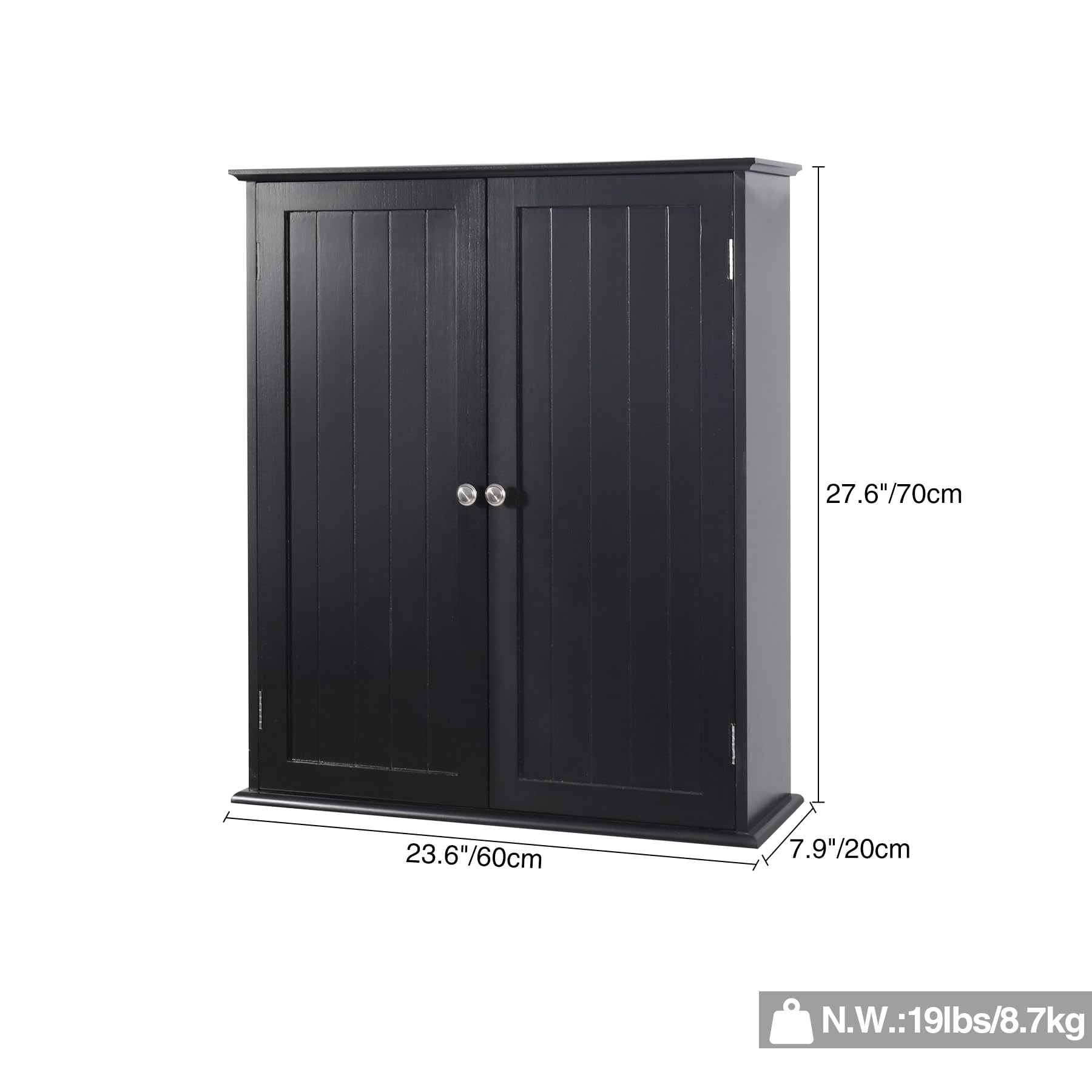 Black REDCAMP bathroom wall cabinet with 23.6 x 7.9 x 27.6 inch dimensions