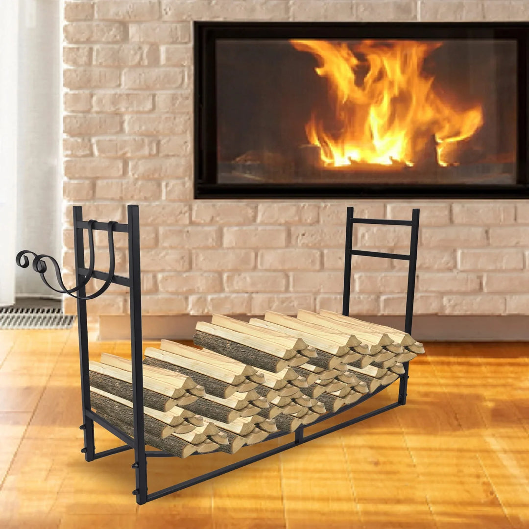 4FT Heavy Duty Firewood Rack Outdoor Indoor, Steel Log Holder Wood Storage Stand with Kindling Hooks for Fireplace Fire Pit Porch Backyard Black