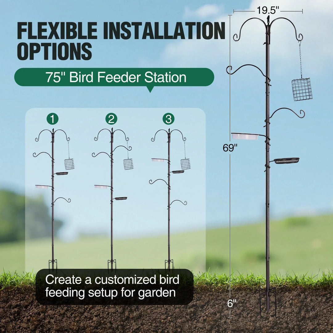 69" L Bird Feeding Station with 4 Feeder Hanging Poles, Wild Bird Feeder Stand Pole for Outside, Multi Feeder Pole Stand Kit for Attracting Wild Birds