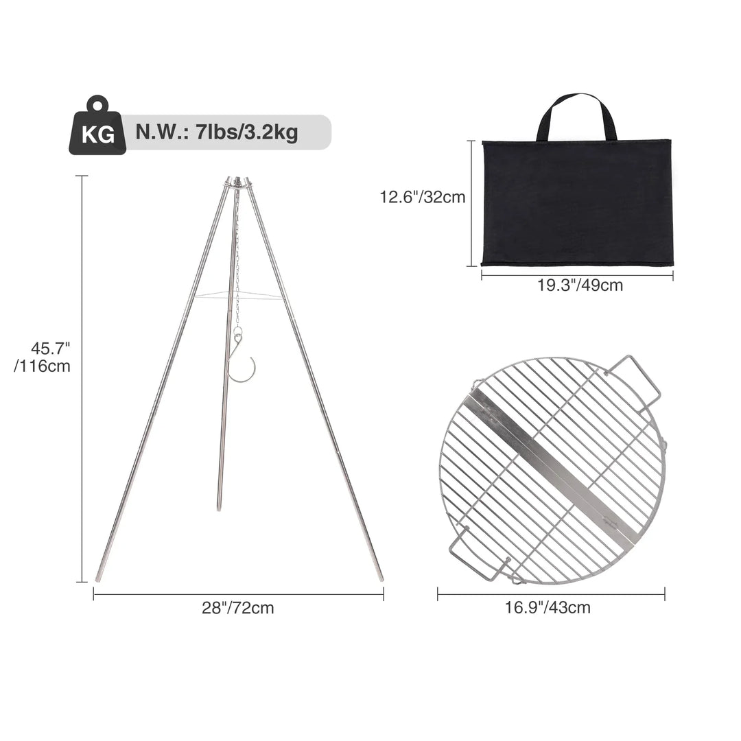 Campfire Tripod Grill for Cooking, Durable Stainless Steel Camping Fire Tripod Grill with Round Grate and Carrying Bag for Outdoor BBQ, Silver