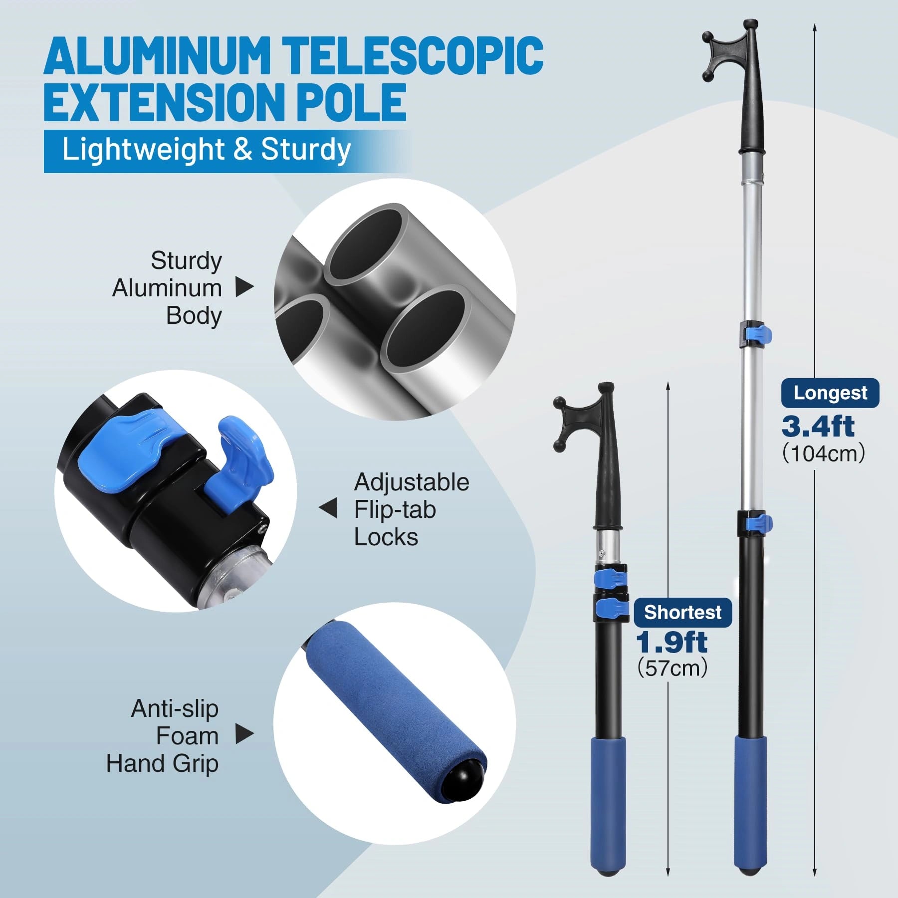 Gaffe télescopique extensible en aluminium de 8 pi/12 pi pour amarrage, noir/argent 