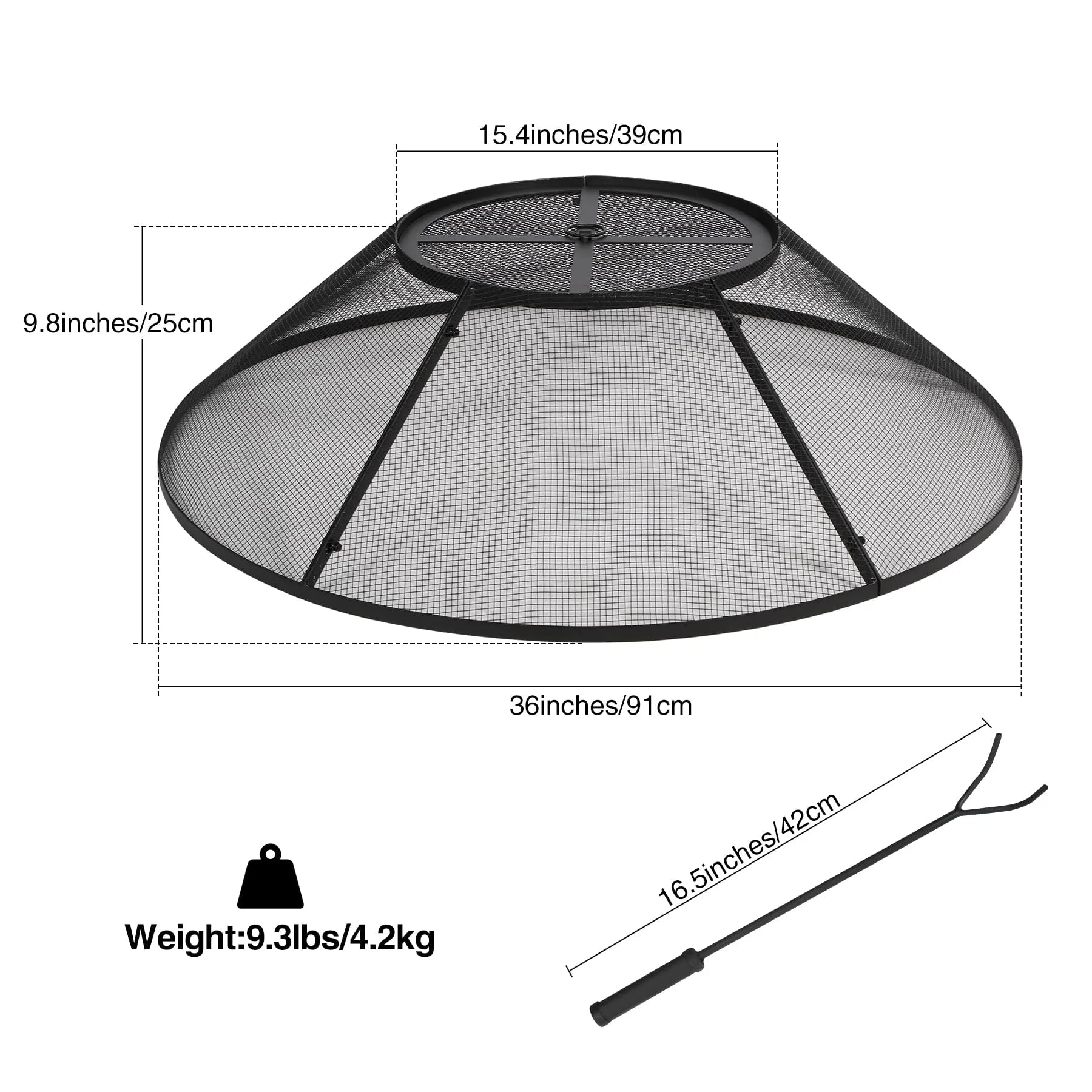 Black fire pit screen with dimensions and weight displayed on a white background