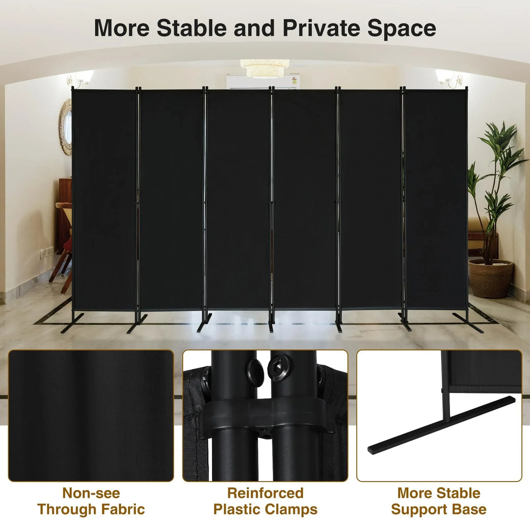 Large 6 Panel Freestanding Folding Room Divider with Support Base, 10FT Wide 6FT Tall Privacy Screen Partition Room Dividers with Freely Combined Connector, 119"x71", Black
