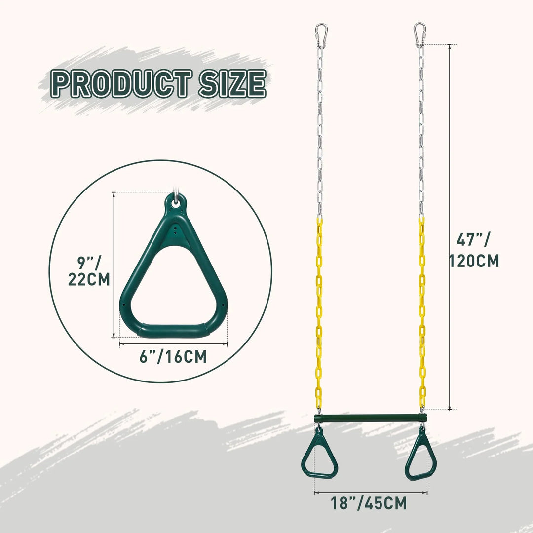 Trapeze Bar for Swing Set Playground, Heavy Duty 18" Trapeze Swing Bar with Rings and Adjustable Chains 47" Long,Yellow and Green