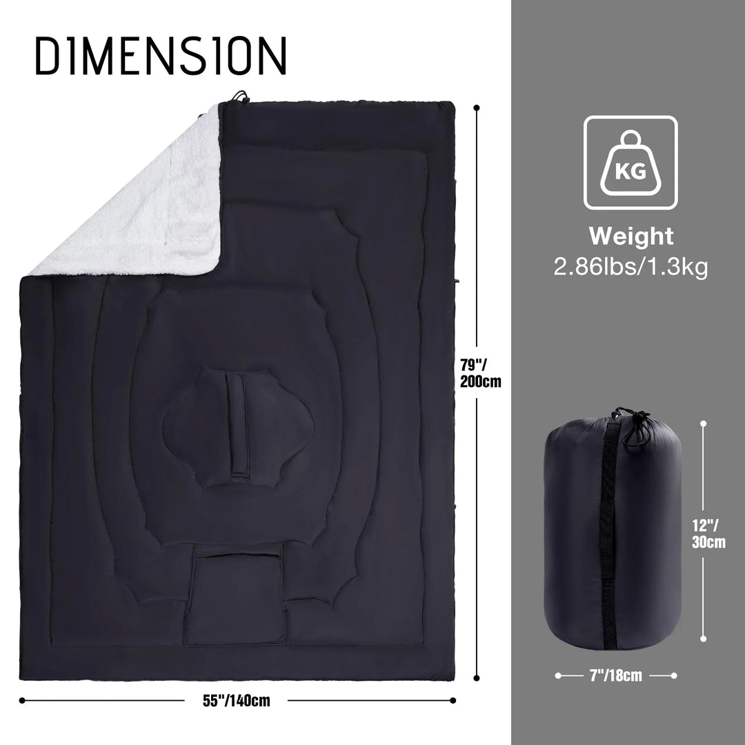 Wearable Camping Poncho Blanket, 4-in-1 Waterproof Windproof Thermal Blanket with Kangaroo Pocket & Carry Bag, Lightweight Portable Insulated Poncho for Outdoor Hiking Stadium,（Black）