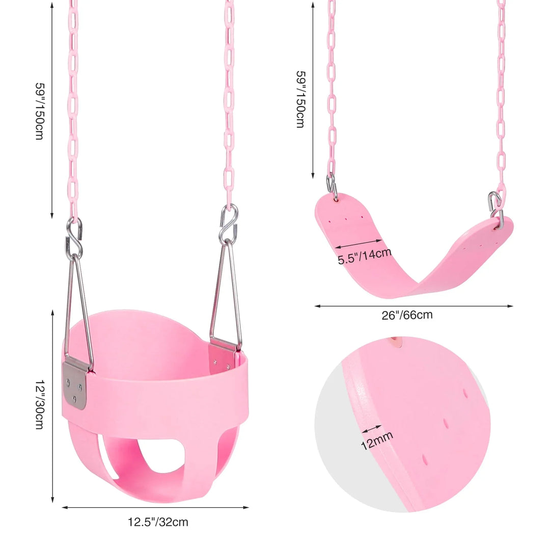 High Back Full Bucket Swing with Heavy Duty Swing Seat Combo Pack (Triangle and Chain Dip), Tree Straps Included, Pink