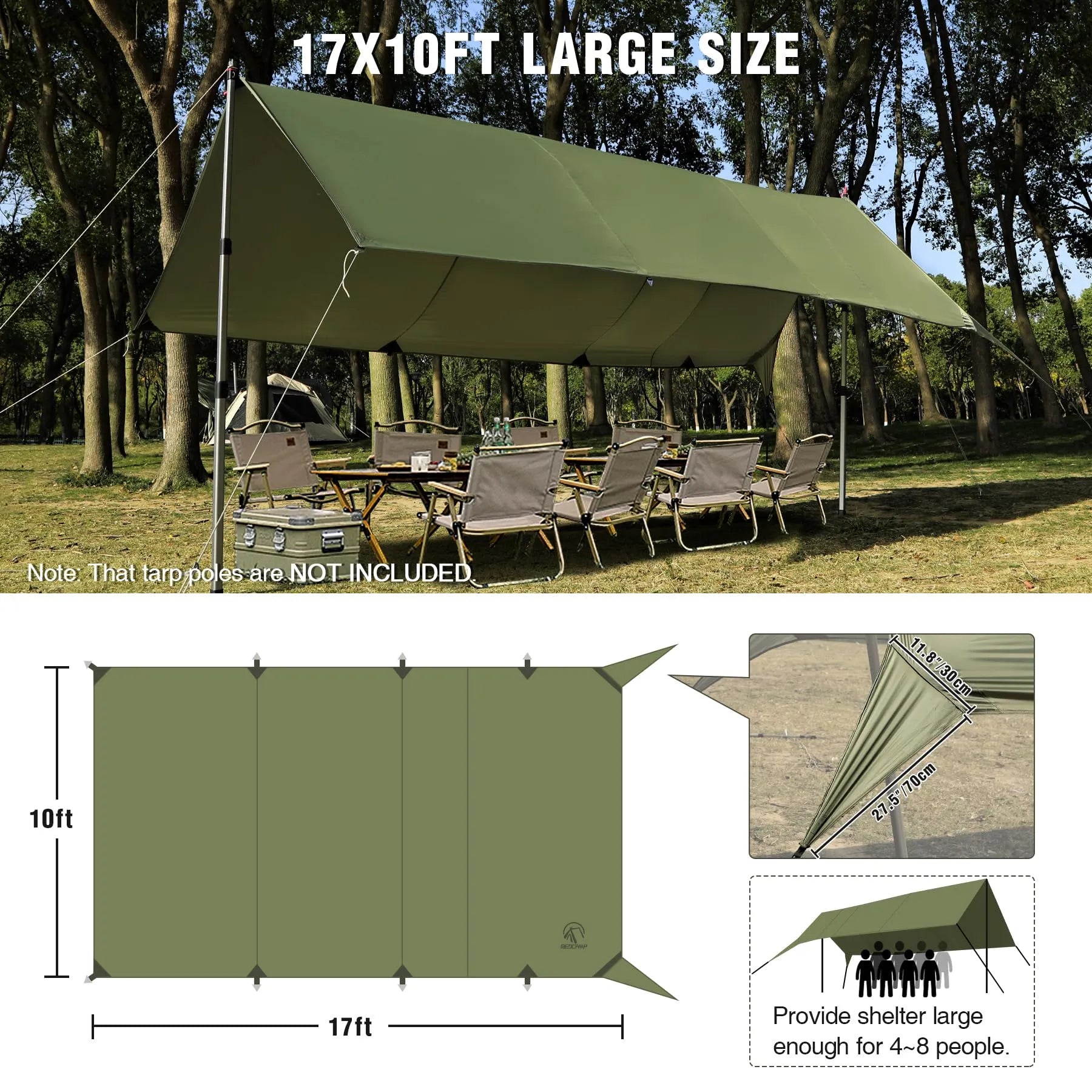 10x17ft Waterproof Camping Tarp - Redcamp