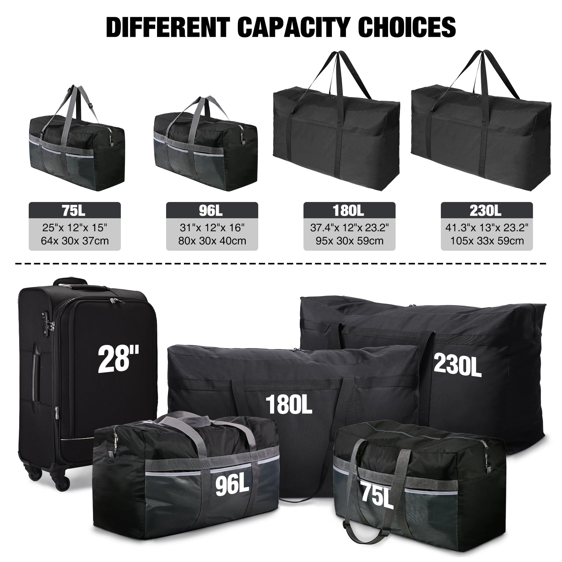 REDCAMP large rolling duffle bag capacity choices shown with multiple bags