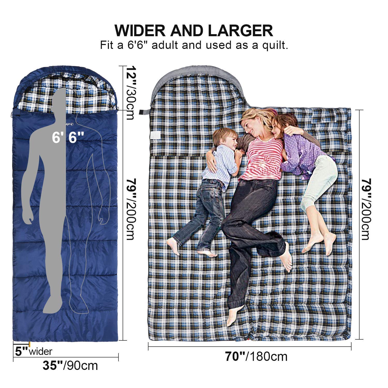 REDCAMP Flannel Sleeping Bag for Adults, Comfortable Cotton Sleeping Bags for Camping with Detachable Hood,Blue