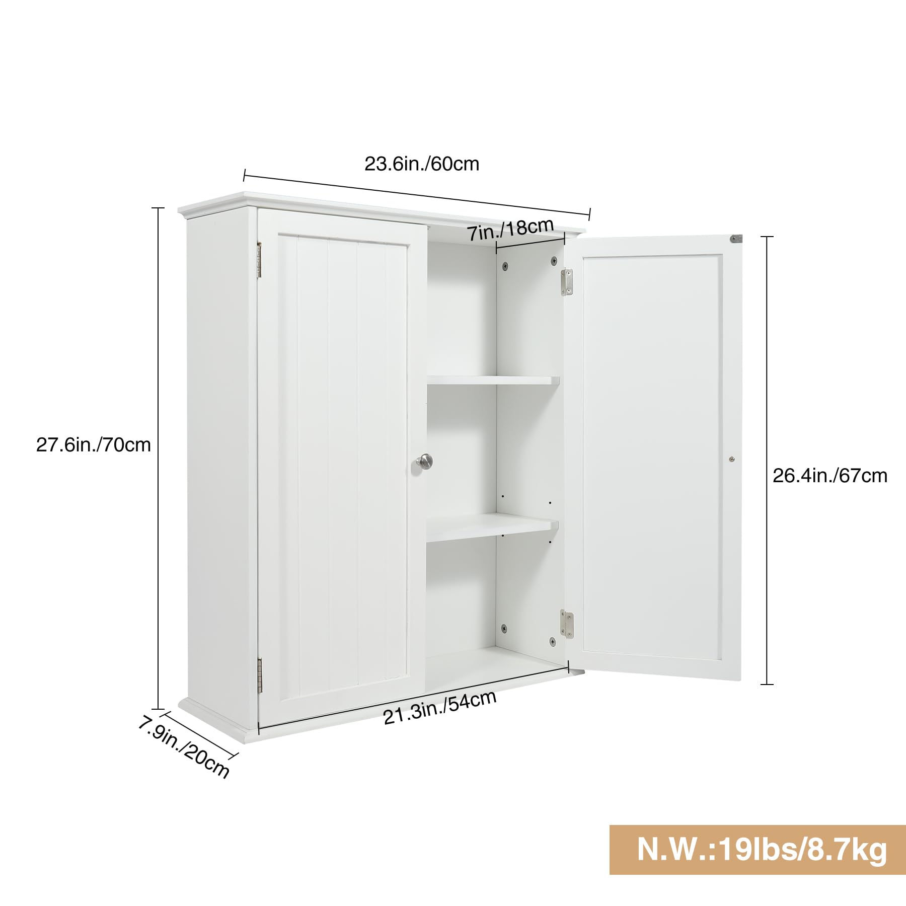 White REDCAMP bathroom wall cabinet measuring 23.6 inches wide, 7.9 inches deep, and 27.6 inches high
