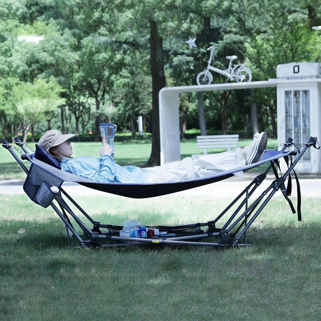 Camping Hammock with Stand, XXL Portable Hammock with Removable Pillow and Storage Net, Foldable Heavy Duty Steel Frame Space Saving for Indoor Outdoor Backyard Beach Garden